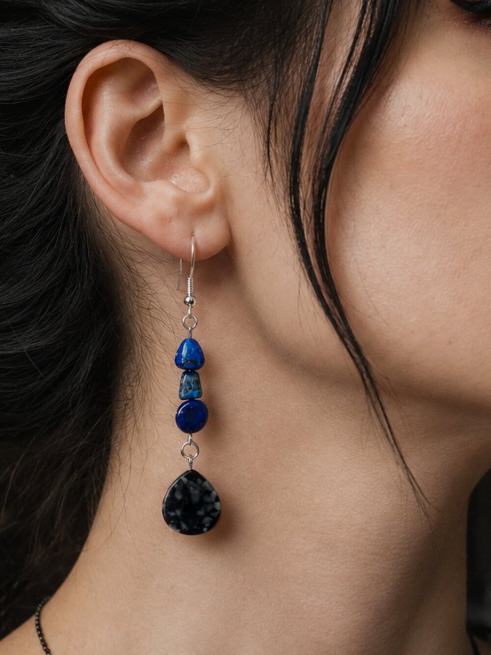 Lapis Lazuli & Serpentine Stone Teardrop Dangle Earrings, Sterling Silver Hooks